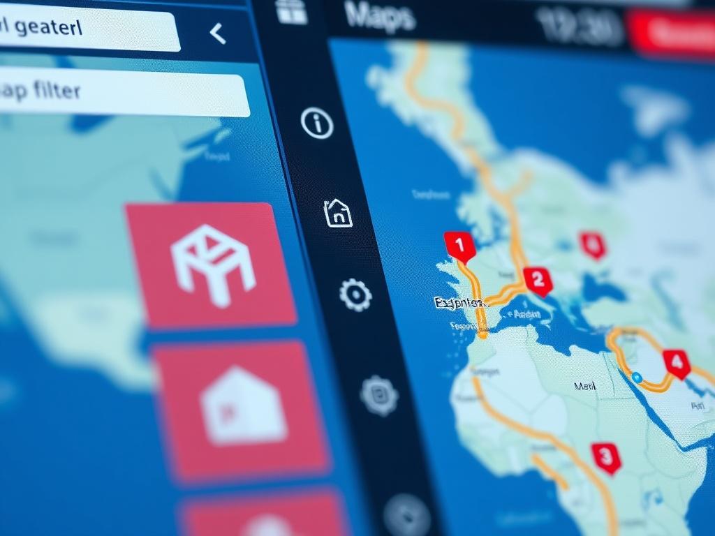 A close-up view of interactive map tools on a digital interface, showcasing search and filter options with vibrant colors. The tools should be clearly visible and user-friendly, designed for easy navigation. The background should be minimalistic to emphasize the functionality of the map tools. Shot with a 45mm f/1.2 lens.