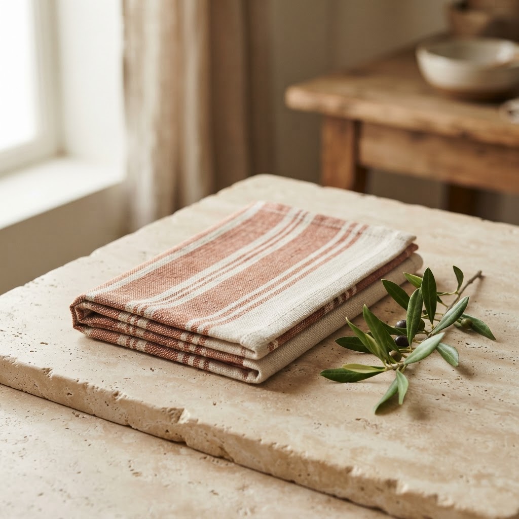 Folded organic cotton towel in terracotta and cream stripes