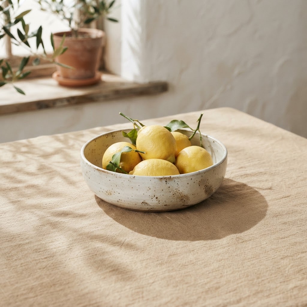 Handmade ivory ceramic bowl with lemons on soft natural linen