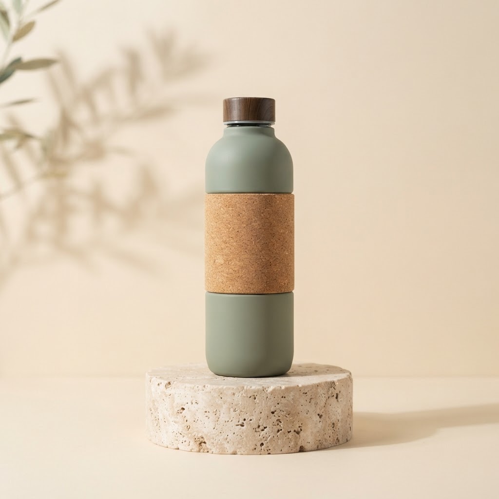 Sage glass water bottle with a natural cork sleeve on a stone plinth