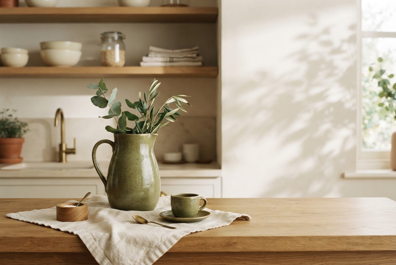 Sunlit, natural kitchen with a handmade olive-green ceramic pitcher and linen