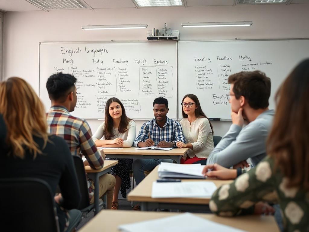 A high-resolution close-up shot of a classroom setting with students engaged in an English language lesson. The focus is on a diverse group of students sitting at desks, actively participating in a discussion with an instructor. The background features a whiteboard filled with English vocabulary and grammar notes. The lighting is bright and inviting, creating an engaging learning atmosphere.