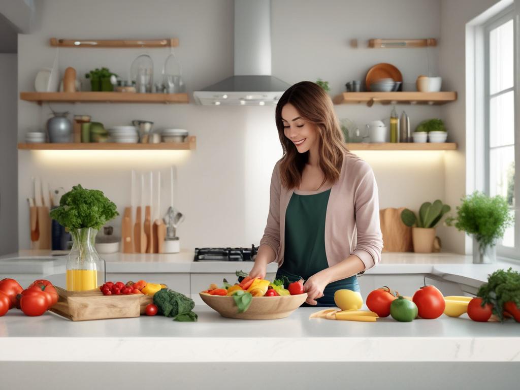 A peaceful kitchen setting with soft lighting, showcasing a woman