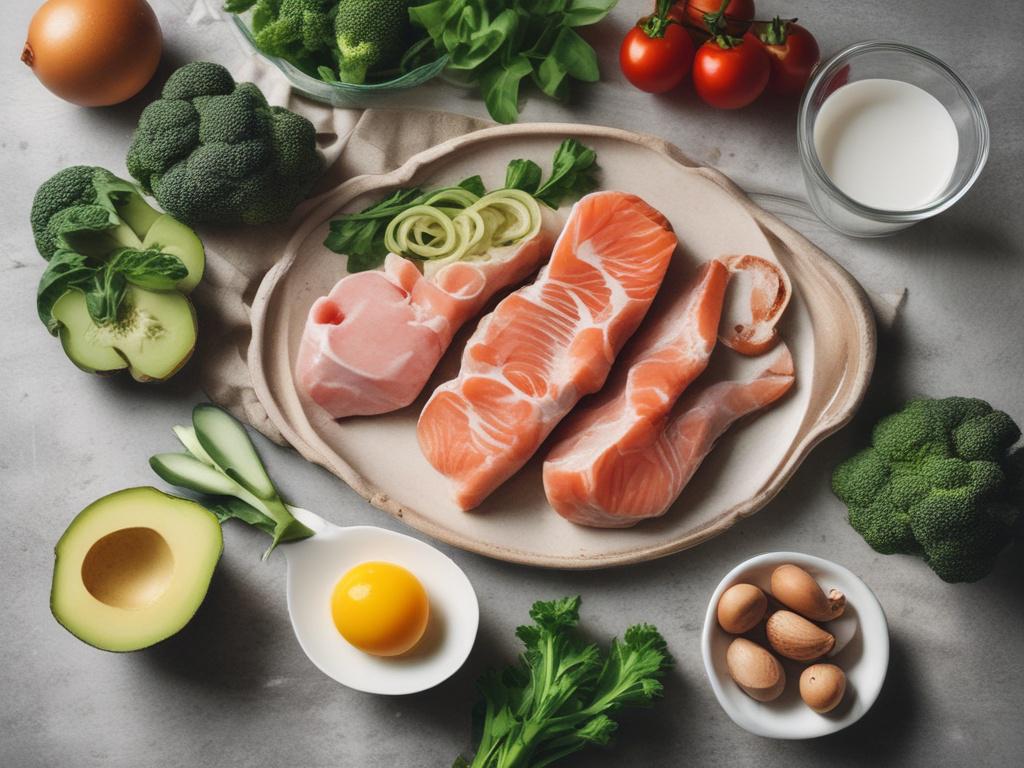 **AI Image Generation Prompt:**

Create a realistic high-resolution photo that visually represents a blog titled "Understanding the KETO Diet." 

**Composition:** The image should feature a simple and clear design focused on a single subject. 

**Subject Matter:** Place a beautifully arranged plate of a colorful, healthy KETO meal in the center, prominently showcasing a grilled salmon fillet, vibrant green asparagus, and creamy avocado slices. Emphasize the rich textures of the food, capturing the glistenin