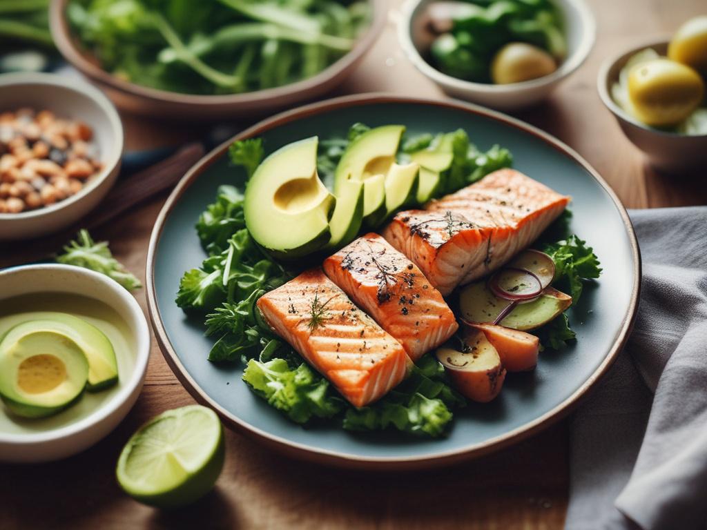 A high-resolution, realistic photo of a beautifully arranged KETO meal, featuring grilled salmon, avocado slices, and a vibrant green salad. The table is set with soft natural lighting and a gentle atmosphere. The background is softly blurred with hints of greenery, creating a peaceful and inviting dining space.