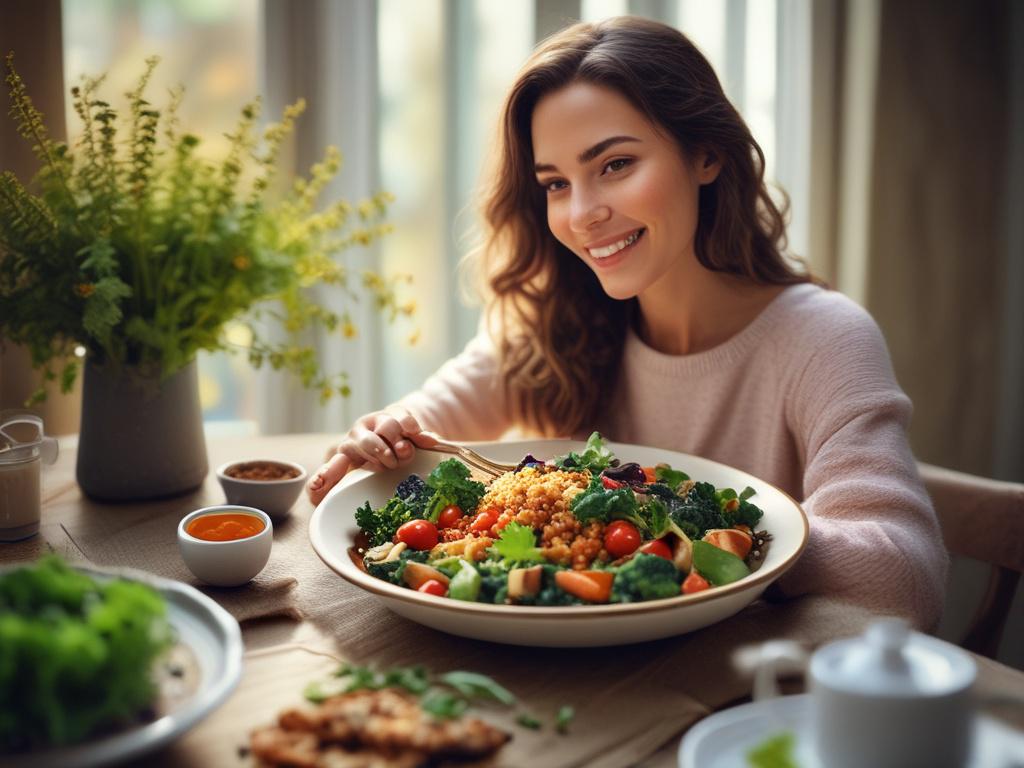 A high-resolution, realistic photo of a woman enjoying a colorful, healthy meal consisting of quinoa, roasted vegetables, and leafy greens. The setting is warm and inviting, with soft lighting that creates a tranquil atmosphere. The background features a cozy kitchen with subtle hints of greenery, emphasizing the theme of health and wellness.