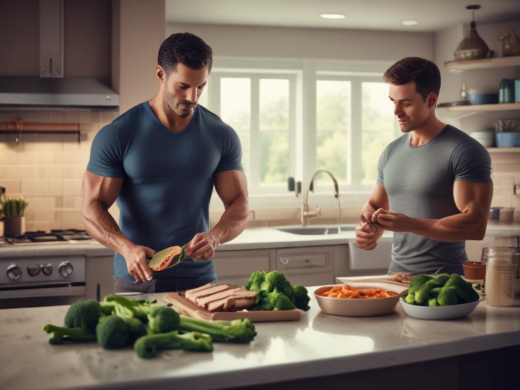 A high-resolution, realistic photo of a muscular man preparing a protein-rich meal, featuring grilled chicken, brown rice, and steamed broccoli. The kitchen is well-lit, showcasing a clean and organized space. The atmosphere is energetic and motivating, perfect for inspiring a commitment to health and fitness.