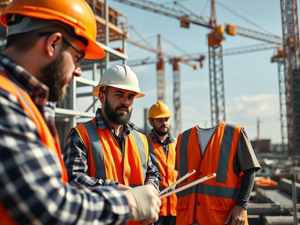 An expertly constructed civil building site with workers in hard