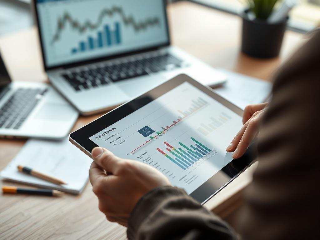 A focused close up shot of a project manager analyzing