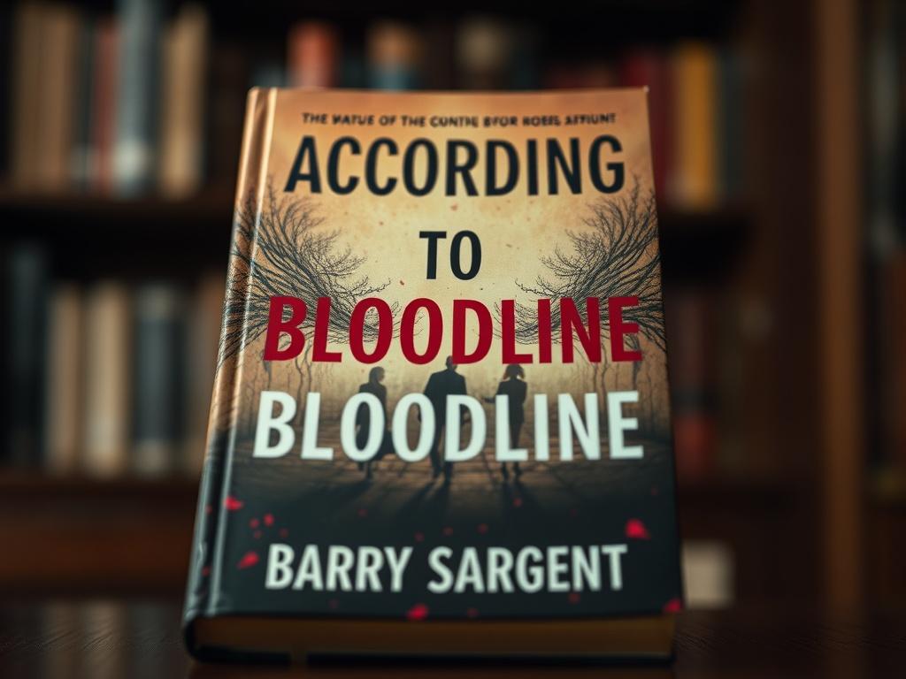 A hyper-realistic close-up shot of the book cover of 'According to Bloodline' by Barry Sargent, featuring a mysterious and intriguing design that hints at themes of family and identity. The background should be blurred to emphasize the book cover, creating a sense of depth. The image should be shot with a 45mm f/1.2 lens style, ensuring rich detail and a vibrant color palette that aligns with the #136A5C primary color.