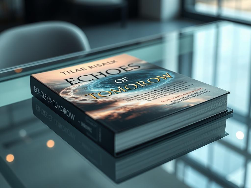 A close-up shot of 'Echoes of Tomorrow' lying on a sleek glass table. The background is minimalistic, featuring subtle hints of futuristic elements. Soft light highlights the book's cover design, making it visually appealing and inviting readers to explore its narrative, with a slightly open page revealing intriguing text.