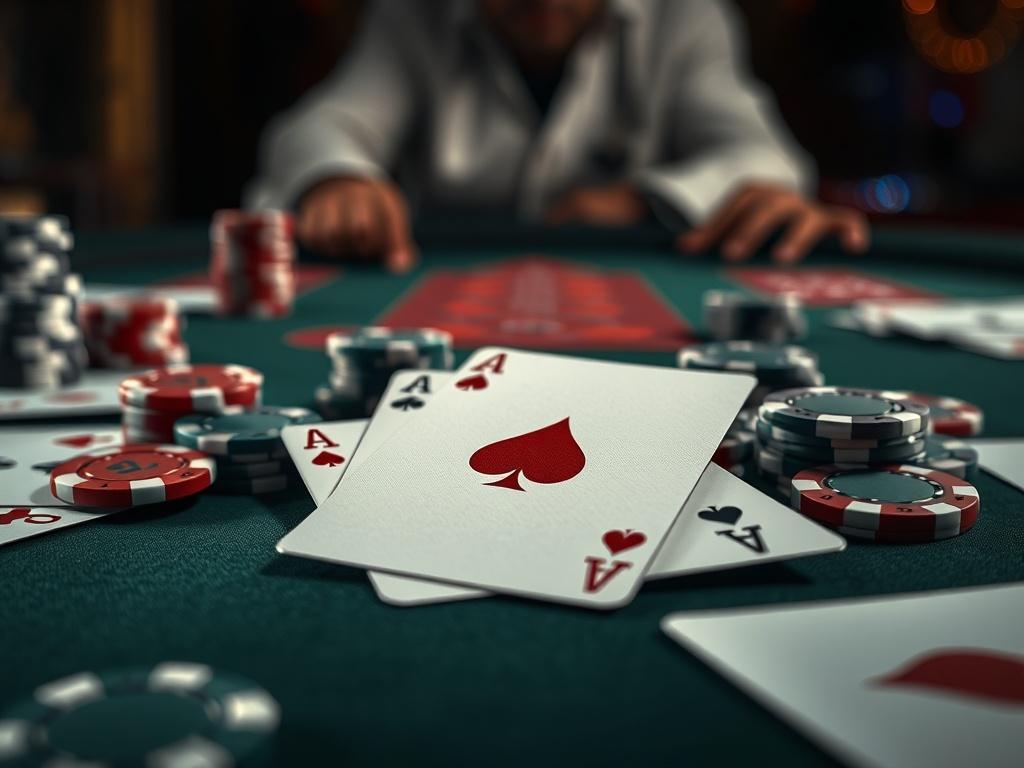 A hyper-realistic close-up shot of a deck of playing cards spread out on a poker table, with one card face up showing an Ace of Spades, surrounded by casino chips. The background is dimly lit, evoking a tense atmosphere typical of high-stakes gambling. The focus is sharp on the cards and chips, while the edges fade into a blurred background to emphasize the intensity of the game.