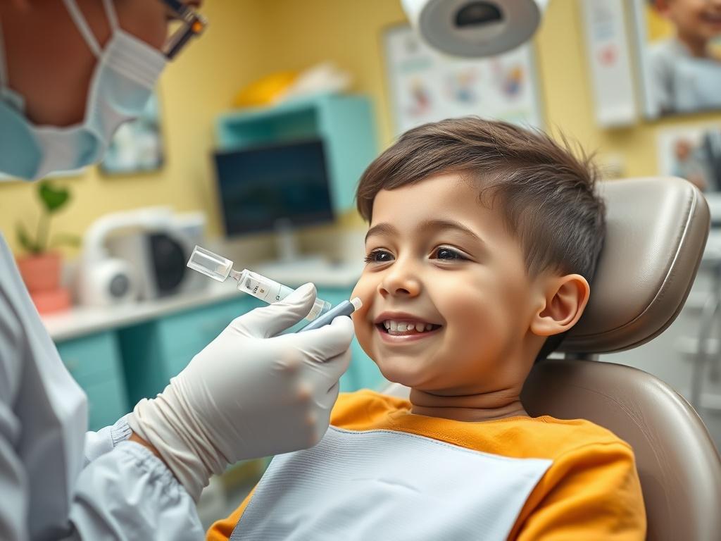 A close-up shot of a pediatric dentist gently administering inhalational sedation (laughing gas) to a young child in a dental chair. The child looks calm and relaxed, with a soft smile. The background is a bright, welcoming dental office with cheerful colors and dental equipment in a non-threatening arrangement. The image is rendered in hyper-realistic detail, focusing on the expressions of comfort and trust in the child's face.