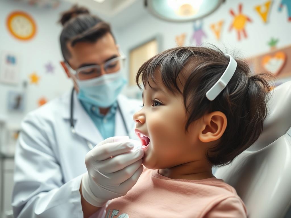 A pediatric dentist treating a child in a modern dental emergency room. The child appears calm and reassured while the dentist, a caring adult in a white coat, checks their mouth. The room is equipped with emergency dental equipment and cheerful decorations, creating a comforting atmosphere. The focus is on the compassionate interaction between the dentist and the child, with bright lighting enhancing the sense of safety.