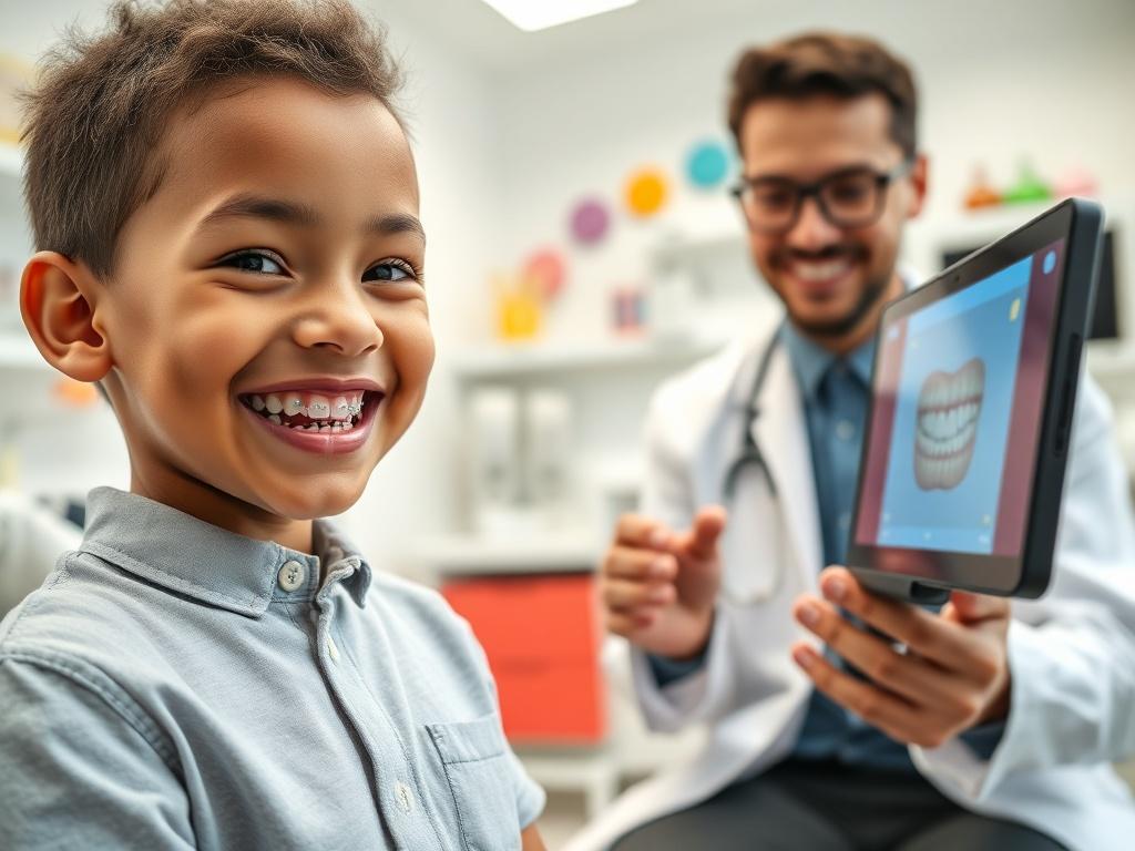 A cheerful young child wearing braces, smiling confidently in a bright, modern orthodontic office. A pediatric orthodontist, a friendly adult in a white coat, shows the child a digital display of their dental progress. The background features colorful decorations and orthodontic tools, making the environment welcoming and engaging. The focus is on the positive interaction between the orthodontist and the child, surrounded by a light and cheerful ambiance.