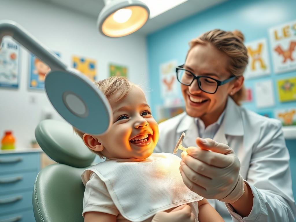 A pediatric dentist examining a young child's teeth in a bright, cheerful dental office. The child, wearing a dental bib, smiles while the dentist, a friendly adult in a white coat, uses a dental mirror. The background features colorful dental posters and toys, creating an inviting atmosphere. The focus is on the interaction between the dentist and the child, with warm lighting enhancing the friendly vibe.