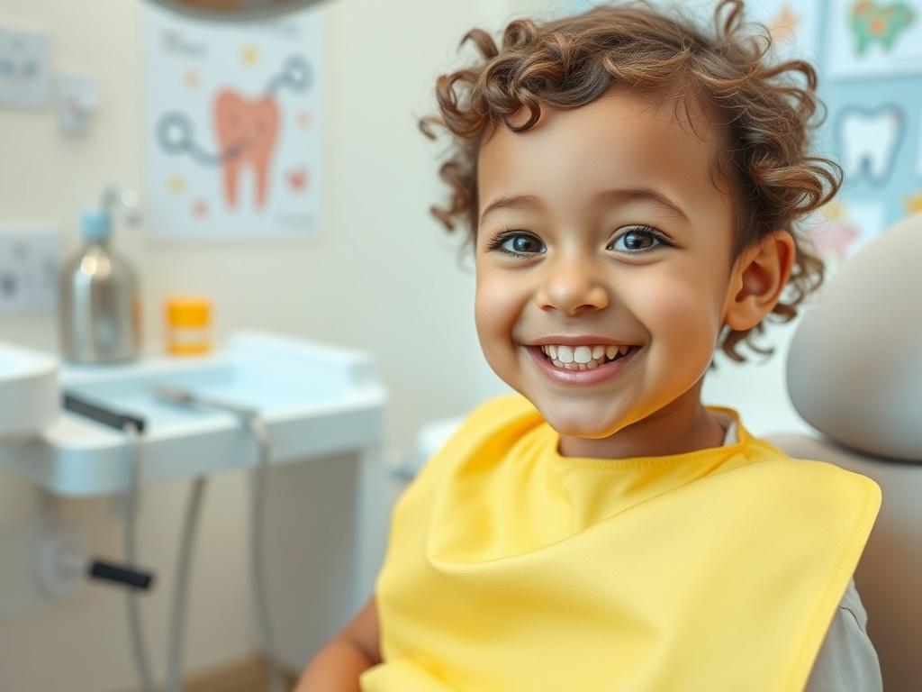 **AI Image Generation Prompt:**

Create a realistic high-resolution photo that captures the essence of the blog titled "The Importance of Early Dental Visits". The composition should be simple and clear, focusing on a single subject: a smiling child, around 5-7 years old, sitting on a dental exam chair. The child should have a cheerful expression, showcasing their healthy teeth, and should be wearing a bright dental bib. 

The background should depict a clean, modern pediatric dental office, with soft paste