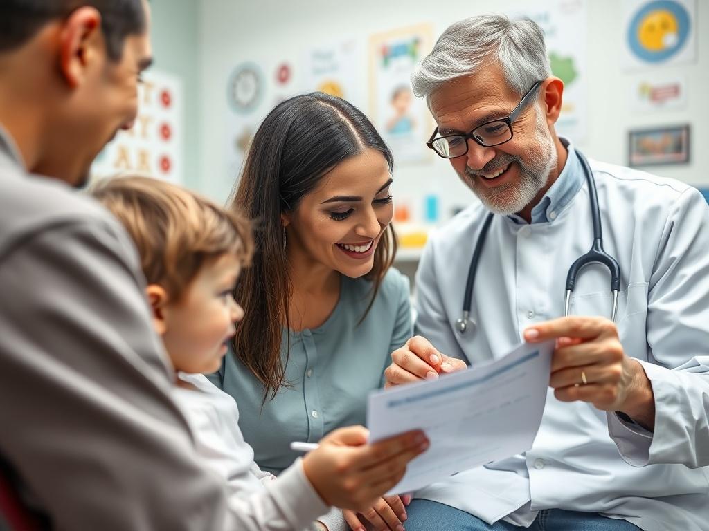 A close-up shot of a caring pediatric dentist explaining a treatment plan to a parent while the child looks on. The dentist is using visual aids to make the explanation easy to understand. The background features a child-friendly dental office with bright colors and encouraging posters. The image captures the dentist's empathy and the child's trust, emphasizing the supportive environment provided during specialized treatments, rendered in stunning hyper-realistic detail.