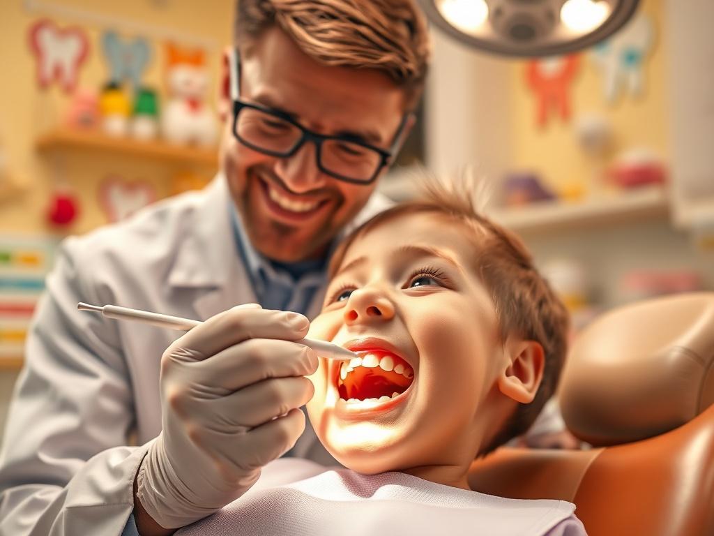 A close-up shot of a pediatric dentist examining a child's teeth in a bright, cheerful dental office. The dentist is smiling and engaging with the child, who looks comfortable in the dental chair. The background is colorful and child-friendly, featuring dental-themed decorations and toys. The lighting is warm and inviting, creating a positive atmosphere. The image is rendered in hyper-realistic style with attention to detail, capturing the dentist's gentle touch and the child's happy expression.