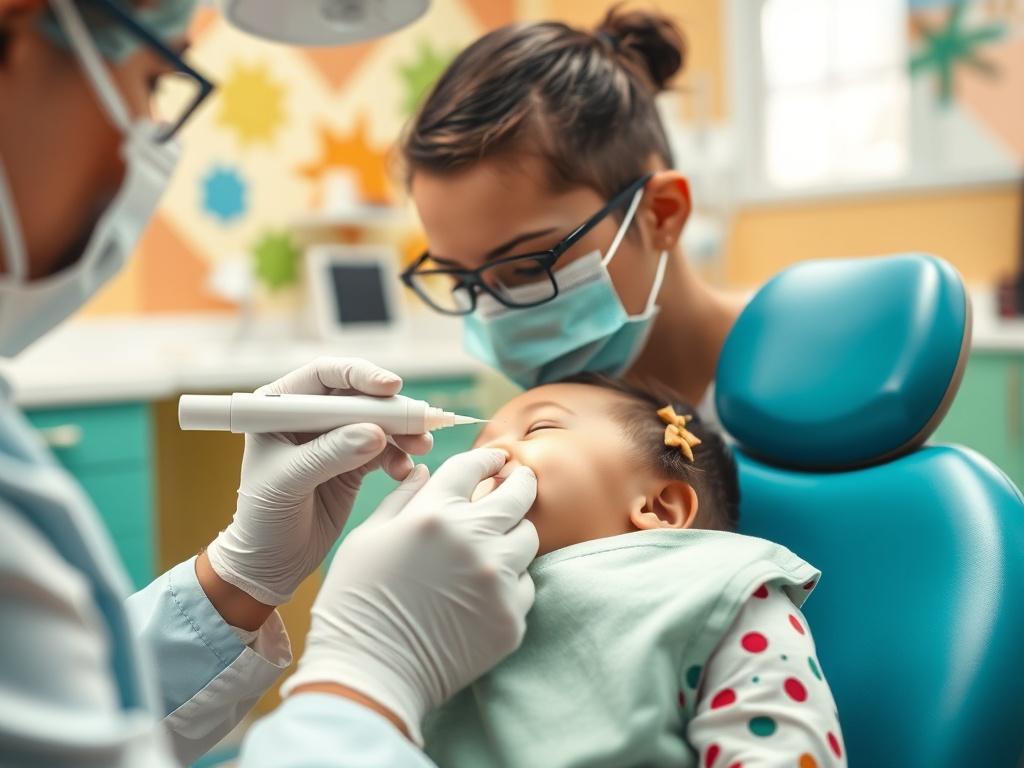 A pediatric dentist applying dental sealant on a child's molar in a colorful, engaging dental office. The child is seated comfortably, looking at a toy or colorful wall while the dentist carefully applies the sealant. The focus should capture the care and attention of the dentist, highlighting the protective procedure in a fun and friendly environment.