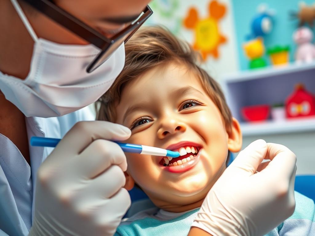A close-up image of a pediatric dentist applying fluoride treatment to a child's teeth. The setting is a colorful dental clinic designed for kids, with playful decorations in the background. The child appears relaxed and happy, while the dentist gently applies the fluoride with a brush. The focus should be on the caring interaction and the bright, friendly environment.