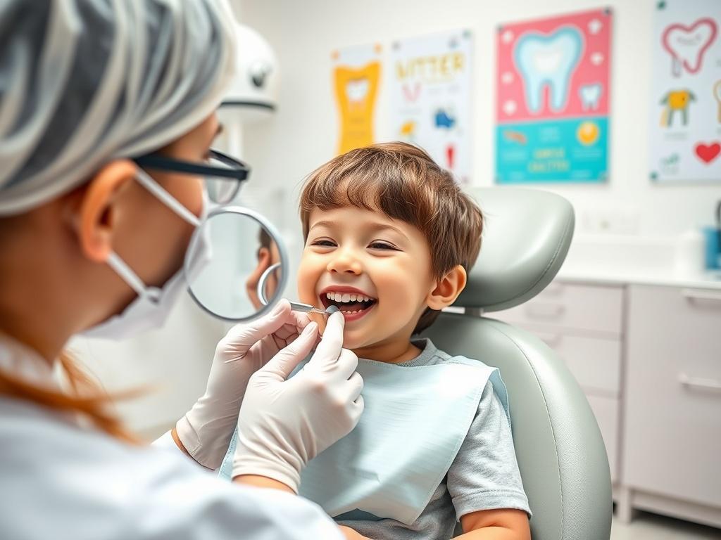 A pediatric dentist examining a child's teeth in a bright, cheerful dental office. The child is sitting comfortably in the dental chair, smiling while the dentist uses a dental mirror. The background features colorful dental decorations and educational posters about oral health. The image should focus closely on the interaction between the dentist and the child, capturing a warm and friendly atmosphere.