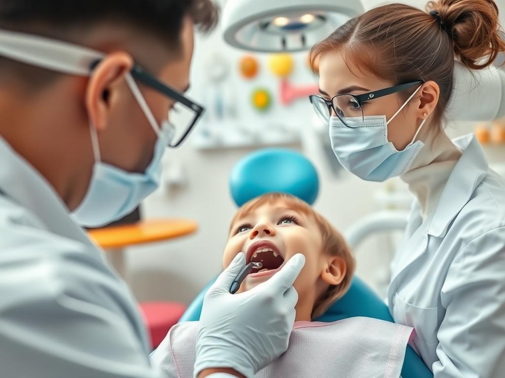 A close-up shot of a pediatric dentist examining a child's mouth in a bright and friendly dental office. The dentist is focused and calm, wearing gloves and a mask, ensuring a safe environment. The child appears relaxed, sitting in a dental chair, surrounded by colorful decorations that make the space inviting. The background features dental tools neatly arranged, with soft lighting that creates a warm atmosphere, emphasizing a sense of care and professionalism.