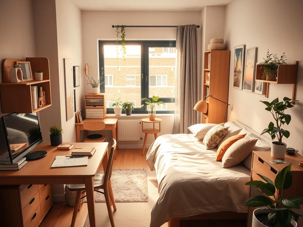 A cozy student apartment featuring a desk with study materials, a comfortable bed, and a small kitchenette. The room is well-lit, showcasing a warm and inviting atmosphere. The background includes a window with natural light pouring in, and a few plants to add a touch of greenery. The overall composition should be simple and clear, focusing on the inviting space that students can call home.