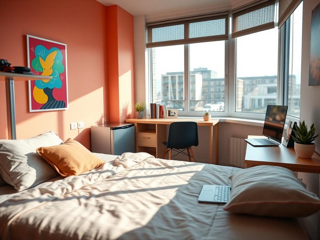 A modern, cozy student accommodation room featuring a comfortable bed, a study desk with a laptop, and a large window letting in natural light. The room has bright, inviting colors and is furnished with a mini-fridge and a bookshelf. A vibrant poster adorns the wall, and a small plant adds a touch of greenery. The scene is set in a well-lit, contemporary space that reflects a welcoming atmosphere for students.