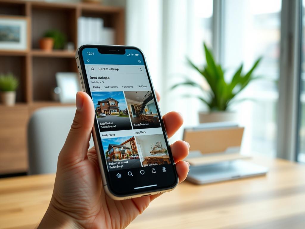 A close up of a smartphone displaying rental listings with