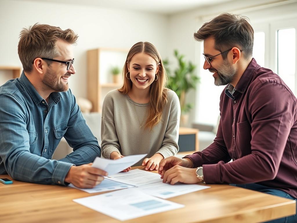 A close-up shot of a smiling young couple discussing rental terms with a landlord over a table filled with documents. The background shows a modern living room with bright natural light, emphasizing a feeling of trust and collaboration. The image should be hyper-realistic, captured with a 45mm f/1.2 lens style, focusing on the engaged expressions of the individuals.