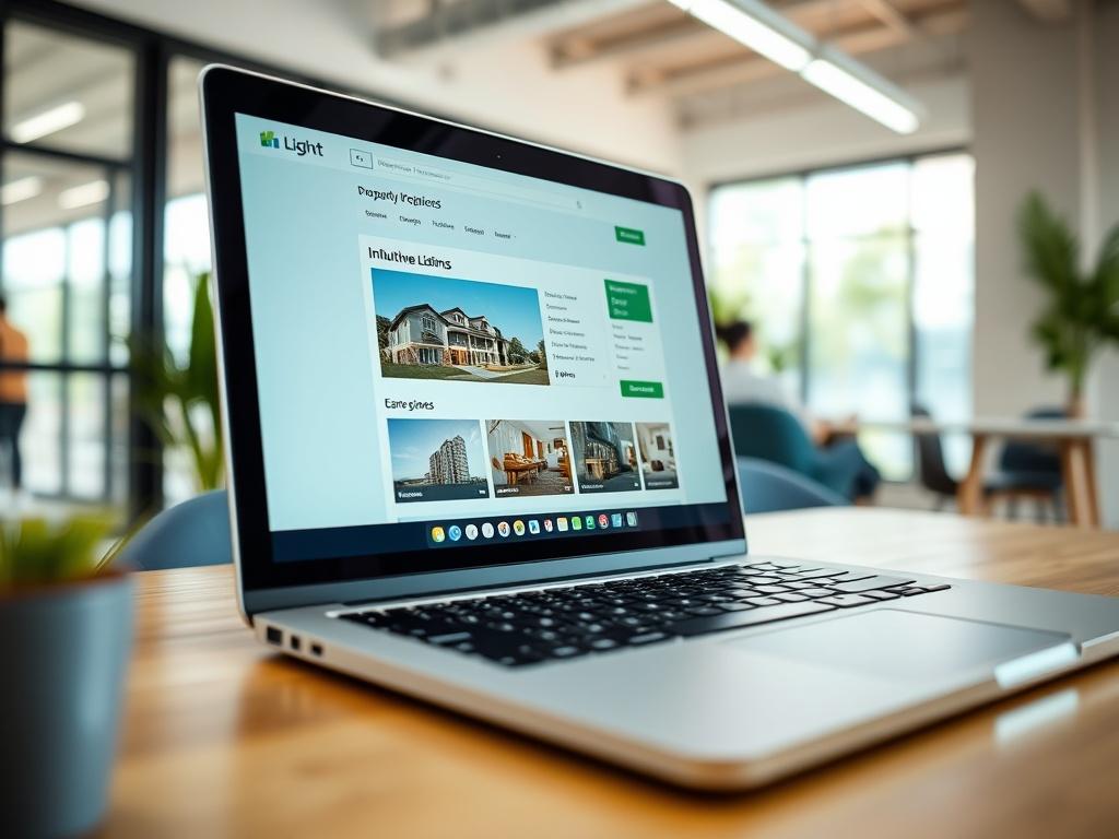 A close-up shot of a laptop screen displaying an intuitive property listing page on the Light Homes platform. The screen shows a well-designed interface with clear sections for property details and images. The background is a modern office environment, filled with vibrant colors and natural light, delivering a sense of ease and approachability. The image should be hyper-realistic, captured with a 45mm f/1.2 lens style.