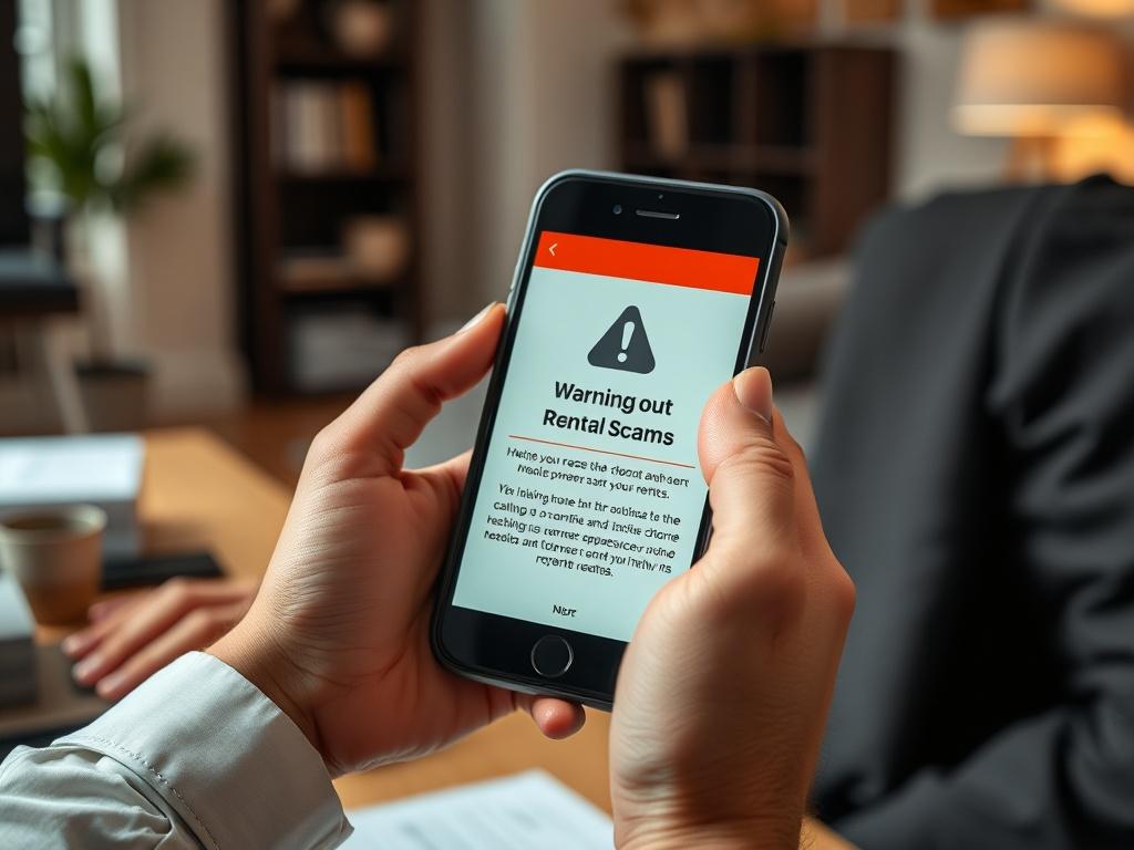 A close-up shot of a person holding a smartphone displaying a warning message about rental scams while sitting at a desk. The background features a cozy living space, emphasizing a sense of caution and vigilance in the rental process. The image should be hyper-realistic, captured with a 45mm f/1.2 lens style, highlighting the importance of safety in property rentals.