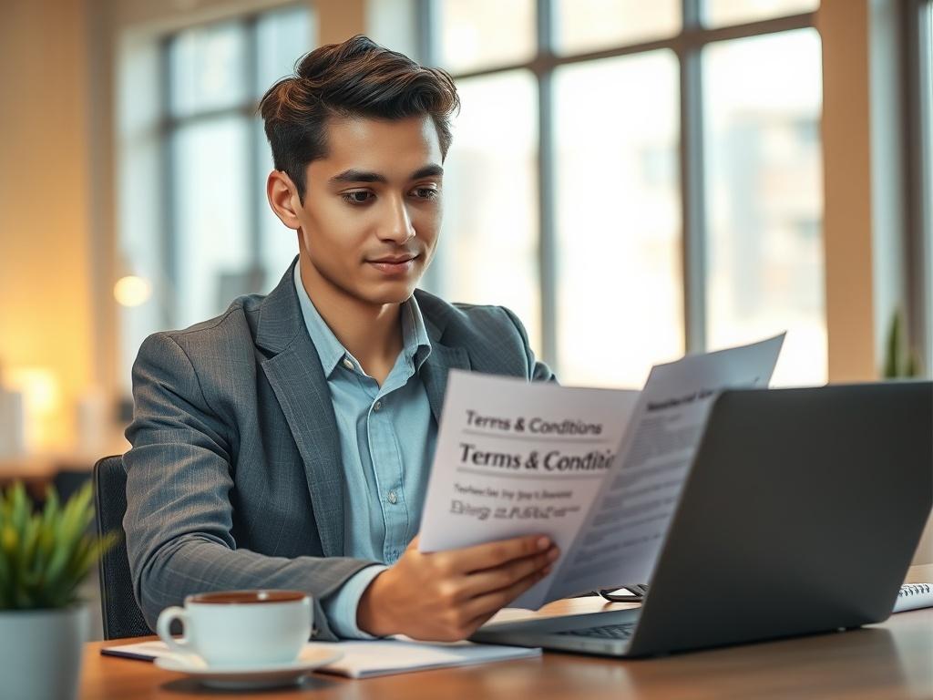 Create a realistic high-resolution photo that illustrates a blog titled "Understanding Our Terms & Conditions." The main subject should be a confident young professional, sitting at a modern, well-lit desk. The person is engaged in reading a clearly printed document titled "Terms & Conditions" with a thoughtful expression. Ensure the individual is dressed in smart casual attire, conveying professionalism and accessibility.

The background should feature a softly blurred office environment with a few element