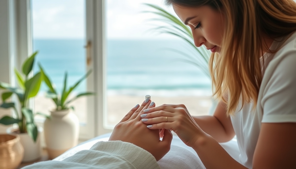 At-home manicure service in a beachy, coastal setting