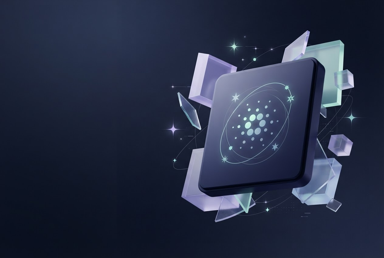 Abstract midnight-blue wallet panel with luminous Cardano-inspired orbit shapes