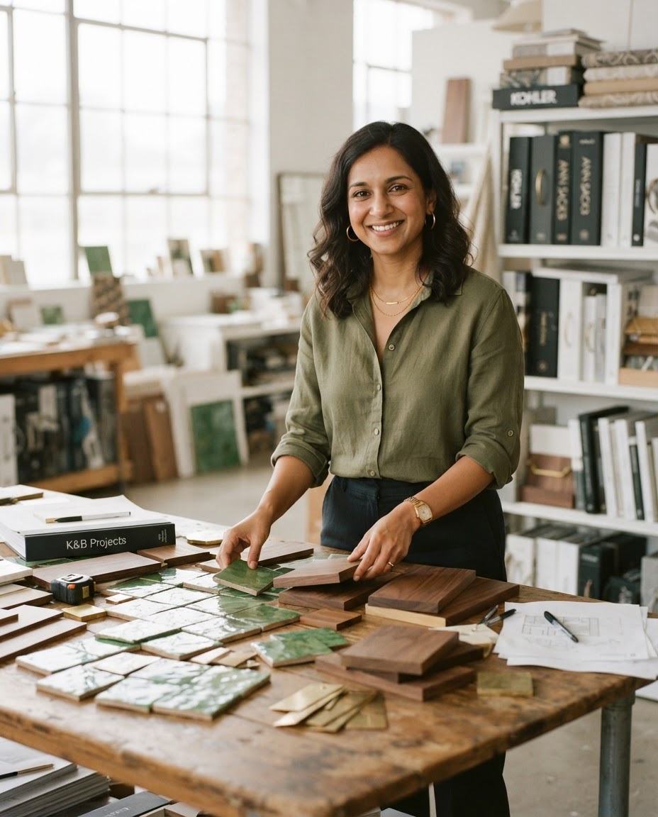 Priya Lund at a design table with tile and wood samples