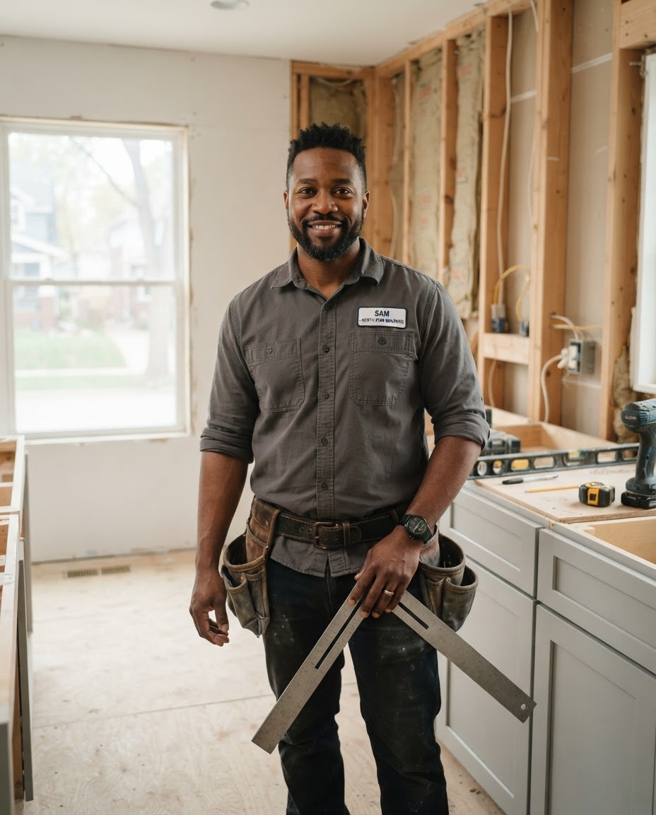 Sam Okafor on a job site holding a framing square