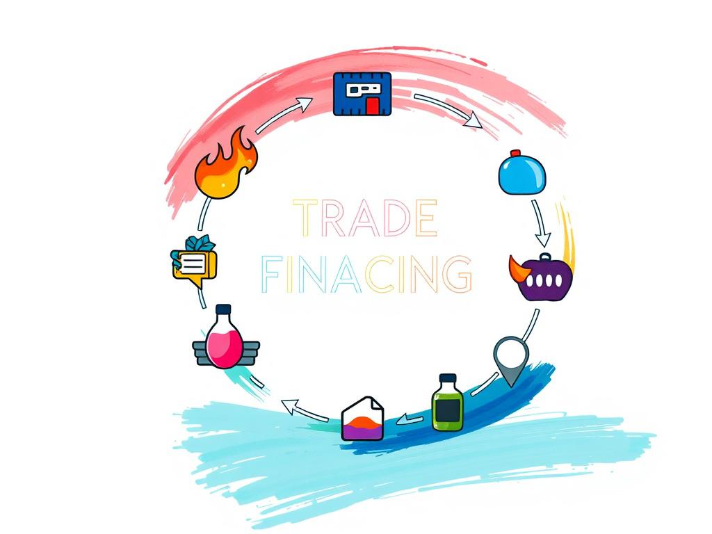 An acrylic brushstroke illustration featuring a circular flow chart made of liquid goods icons representing inventory, shipment, and sales. The composition uses rich colors with rgb(50, 170, 39) prominently, on a clean background to symbolize continuous and efficient trade financing.
