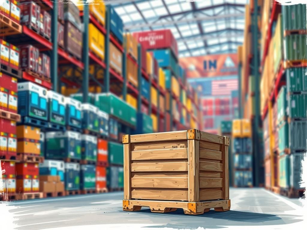 A high-quality illustration of a shipping warehouse with stacks of liquid goods in containers, highlighted by thick brushstrokes and rich acrylic colors dominated by rgb(50, 170, 39). The composition features a single large crate in the foreground, symbolizing cash flow, with a blurred background of a busy warehouse environment, conveying movement and growth.