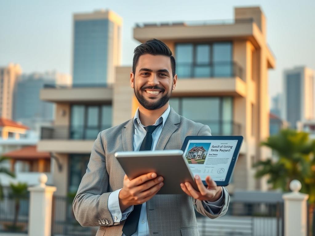 **Prompt for AI Image Generation:**

Create a realistic high-resolution photograph featuring a single, experienced real estate agent confidently standing in front of a distinct, modern property in Lahore. The agent, dressed in professional attire, should have a welcoming smile as they hold a digital tablet displaying the property's key information. 

The composition should be simple and clear, with a close-up shot focusing on the agent, capturing their engaging expression and the tablet in their hands. The 
