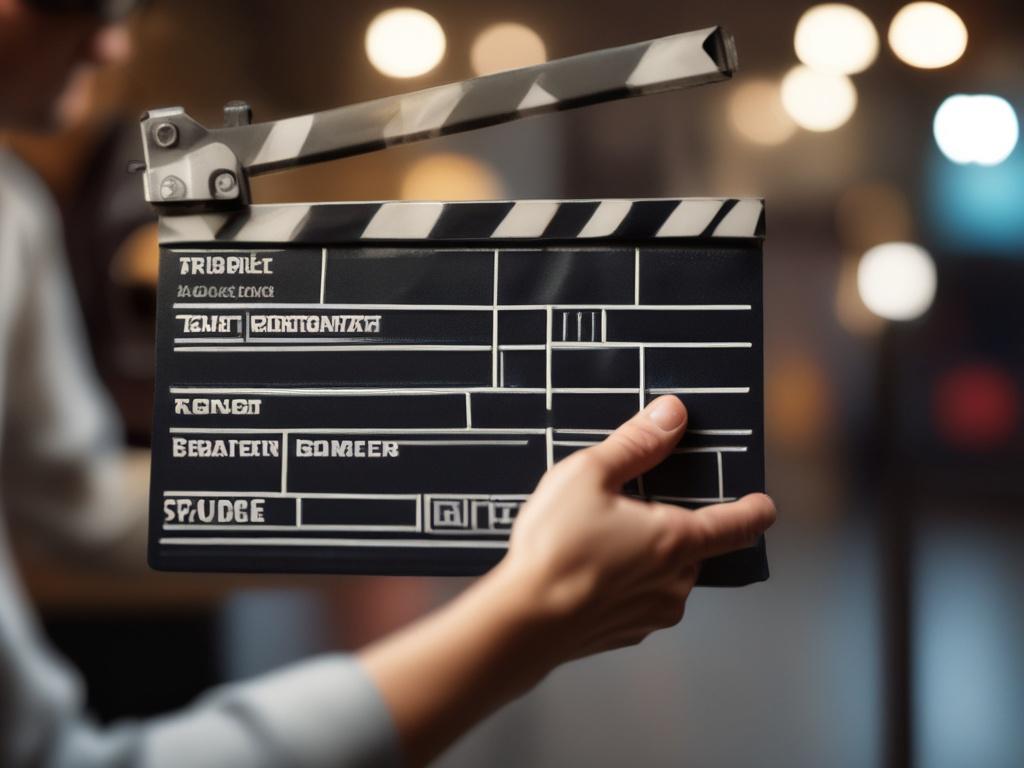 A hyper-realistic close-up shot of a film director's hand holding a clapperboard on a professional movie set, with soft lighting and a shallow depth of field. The background is blurred, showing hints of camera equipment and studio lights. The overall tone includes shades compatible with rgb(50, 170, 39), emphasizing a cinematic and creative atmosphere. Shot with a 45mm f/1.2 lens style to capture fine detail and a vivid, focused composition.