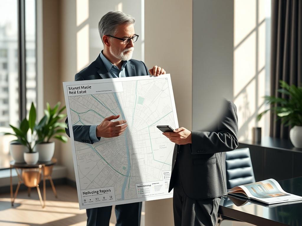 Create a hyper-realistic, high-resolution photo depicting the concept of "Understanding Real Estate Investment." The main subject of the image should be a confident middle-aged business professional, dressed in smart casual attire, standing next to a large, detailed map of a city or a dynamic market report showcasing various neighborhoods and investment opportunities. The person should be looking thoughtfully at the map, with one hand gently resting on the map and the other holding a smartphone, as if they 