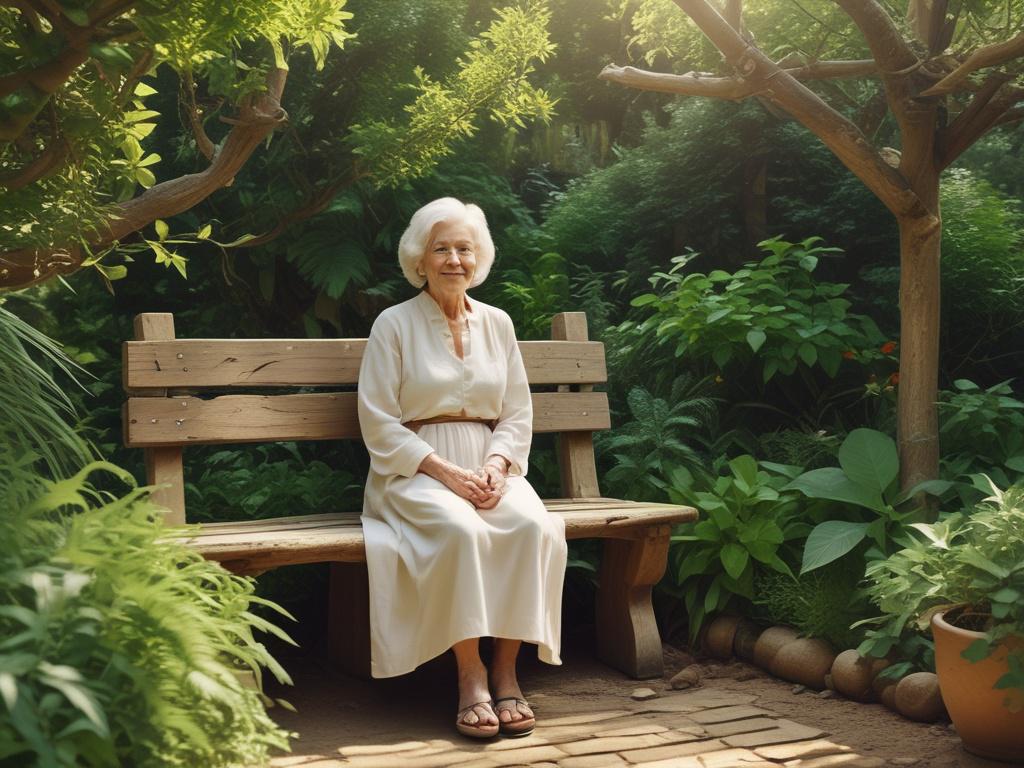 A high resolution image of a serene, sunlit garden with