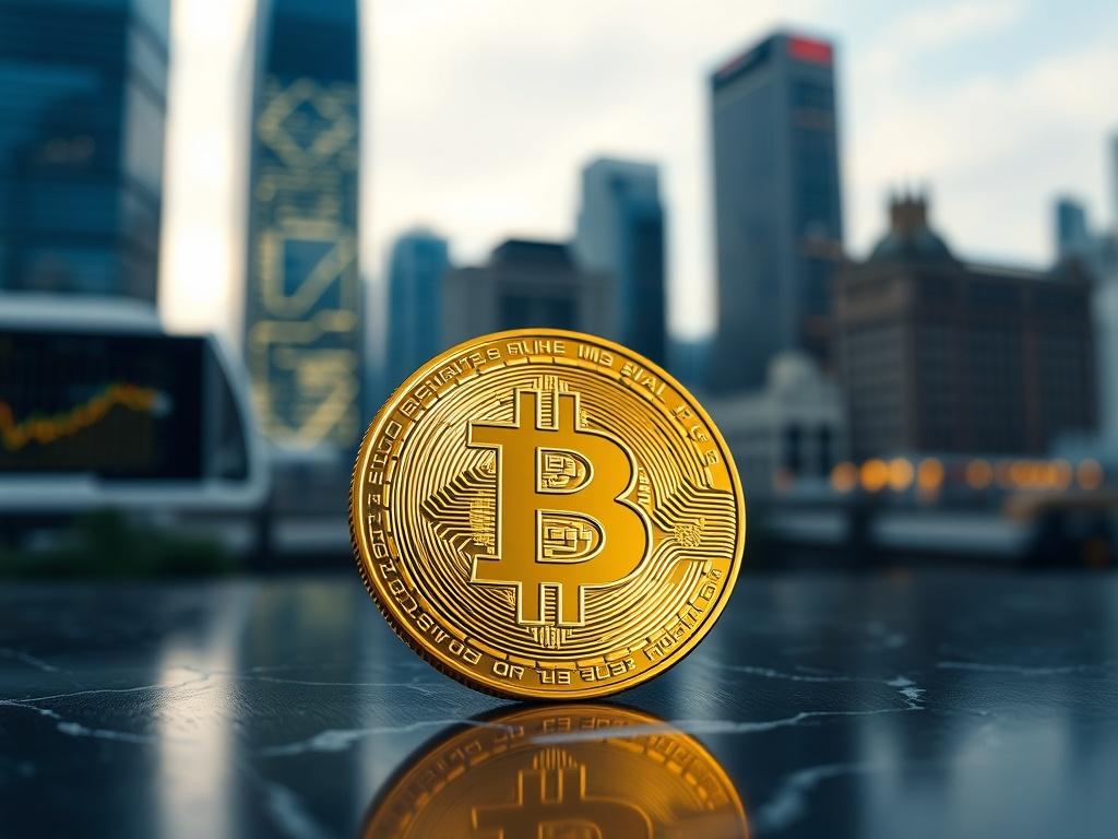 **Prompt for AI Image Generator:**

Create a realistic high-resolution photo that captures the essence of "The Rise of BTC." The image should depict a shiny, physical Bitcoin in the foreground, emphasizing its intricate design and golden hue, reflecting light to highlight its features. The Bitcoin should be placed on a dark, textured surface, such as polished marble or a sleek wooden table, to convey a sense of luxury and significance. 

In the background, softly blurred elements of a bustling cityscape can