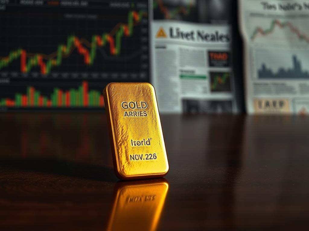 Create a realistic high-resolution photo that embodies the essence of a blog titled "Where Does Gold Go From Here?". Focus on a single subject: a pristine gold bar placed elegantly on a smooth, dark wood surface that reflects its metallic sheen. The gold bar should be slightly tilted to catch the light, emphasizing its weight and value. The background should be softly blurred, featuring hints of stock market charts and financial news articles, creating a sophisticated atmosphere without distracting from the