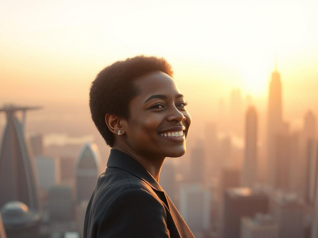 Create a realistic high-resolution photo that encapsulates the essence of Ripple and its vision for the new financial industry by 2026. The subject of the image should be a confident business professional, a diverse individual, looking toward the horizon. The person should be smiling gently, embodying optimism and determination, suggesting a bright future in finance. 

In the background, depict a modern, sleek city skyline that conveys innovation and growth, symbolizing the development of Ripple's technolog