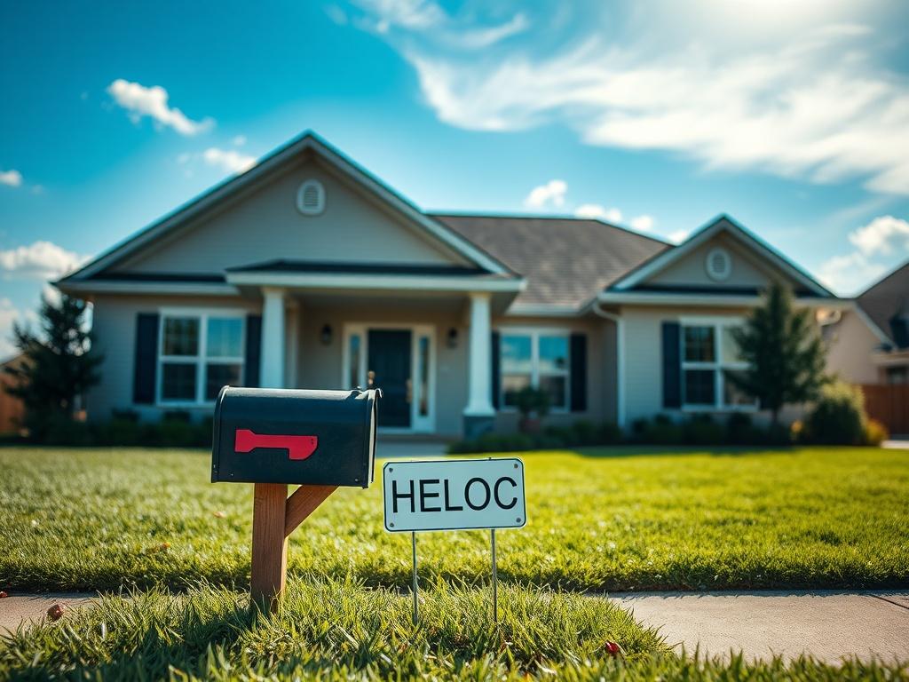 **AI Image Generation Prompt:**

Create a realistic high-resolution photo that visually represents the concept of a "First Lien HELOC Strategy." The composition should focus on a single, eye-catching subject: a modern home with a beautifully landscaped front yard. The house should be painted in neutral tones with polished, symmetrical architecture that suggests stability and value. In the foreground, place a traditional mailbox adorned with a small, tasteful sign that reads "HELOC" to subtly indicate the to