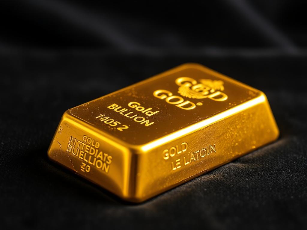 A hyper-realistic close-up shot of a gleaming gold bullion bar resting on a dark velvet surface, highlighting its intricate details and weight. The background should be softly blurred, focusing on the texture and shine of the bullion, with warm lighting to accentuate the gold's richness. This image should convey luxury and trustworthiness.