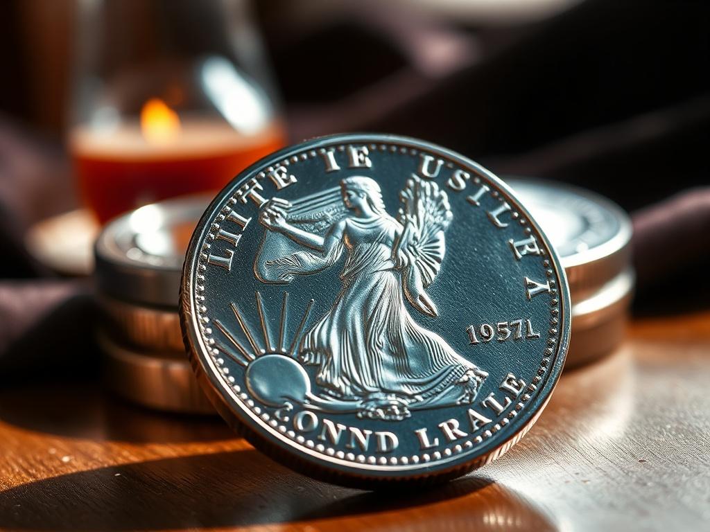 **Prompt for AI Image Generator:**

Create a highly detailed and realistic high-resolution photo titled "Silver's Surge." The composition should be simple and clear, featuring a single subject: a gleaming silver bullion coin, prominently displayed in the foreground. The coin should showcase intricate detailing, including the image of a recognizable symbol or figure associated with silver, such as a liberty design or the iconic eagle motif. 

The background should be softly focused, hinting at a luxurious se